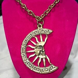 Chunky Celestial Antique Brass Tone Heavy Sun Moon Necklace